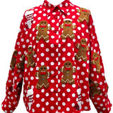 Red & White Polka Dot Gingerbread Man & Stocking Cotton Button Up Top | Queen Of Sparkles