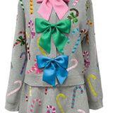 Grey Multi Candy Cane Multi Bow Sweater | Queen Of Sparkles