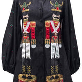 Black Shimmery Denim Nutcracker Button Up Dress | Queen Of Sparkles