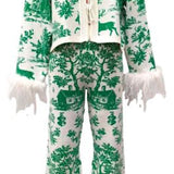Green & White Christmas Toile Feather Sleeve Sweater | Queen Of Sparkles