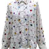 White Jewel & Pearl Cotton Button Up Top | Queen Of Sparkles