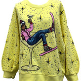 Yellow Rhinestone Skier In Martini Glass Sweatshirt | Queen Of Sparkles
