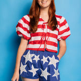 Red & White Stripe Cotton Poof Sleeve Tie Top | Queen Of Sparkles