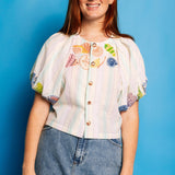 Multi Stripe Button Up Shell Bubble Sleeve Top | Queen Of Sparkles