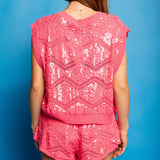 Neon Pink Full Sequin Zig Zag Sweater Tank | Queen Of Sparkles