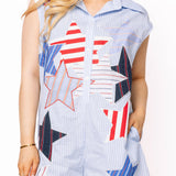 Blue & White Gingham USA Stripe Patch Stars Romper | Queen Of Sparkles