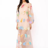 Sheer Beige Shell Long Sleeve Midi Coverup Dress | Queen Of Sparkles