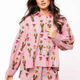 Red Stripe Scattered Nutcracker & Bow Cotton Button Up Top | Queen Of Sparkles
