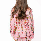 Red Stripe Scattered Nutcracker & Bow Cotton Button Up Top | Queen Of Sparkles