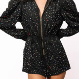 Black Multi Scattered Rhinestone Long Sleeve Romper | Queen Of Sparkles