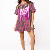 Pink Plaid Metallic Wreath Short Sleeve Cotton Dress | Queen Of Sparkles