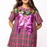 Pink Plaid Metallic Wreath Short Sleeve Cotton Dress | Queen Of Sparkles