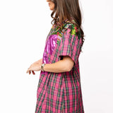 Pink Plaid Metallic Wreath Short Sleeve Cotton Dress | Queen Of Sparkles