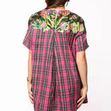 Pink Plaid Metallic Wreath Short Sleeve Cotton Dress | Queen Of Sparkles