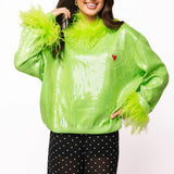 Green Full Sequin Feather Trim Grinch Heart Sweater | Queen Of Sparkles