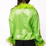 Green Full Sequin Feather Trim Grinch Heart Sweater | Queen Of Sparkles