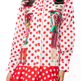Red & White Polka Dot Metallic Nutcracker Button Up Cotton Dress | Queen Of Sparkles