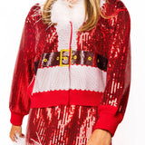 Red Sequin Feather Trim Santa Sweater | Queen Of Sparkles