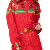 Red Knit Multi Gingerbread Man Zip Up Feather Hooded Sweater | Queen Of Sparkles