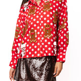 Red & White Polka Dot Gingerbread Man & Stocking Cotton Button Up Top | Queen Of Sparkles