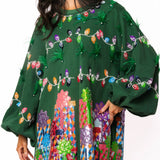 Green Christmas Lights And Presents Balloon Sleeve Sweatshirt Dress With Feathers | Queen Of Sparkles