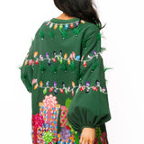 Green Christmas Lights And Presents Balloon Sleeve Sweatshirt Dress With Feathers | Queen Of Sparkles