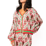 Beige, Green & Red Flower Print Christmas Cardigan | Queen Of Sparkles