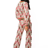 Beige, Green & Red Flower Print Christmas Knit Pant | Queen Of Sparkles