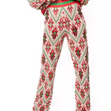 Beige, Green & Red Flower Print Christmas Knit Pant | Queen Of Sparkles
