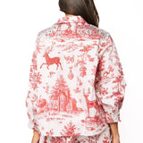 Red And White Christmas Toile Cotton Button Up Top | Queen Of Sparkles