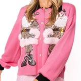 Pink & Black Collar Santa In Leopard Suit Button Up Cardigan | Queen Of Sparkles