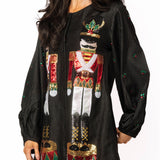 Black Shimmery Denim Nutcracker Button Up Dress | Queen Of Sparkles