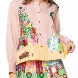 Red Striped Christmas Scene Cotton Button Up Top | Queen Of Sparkles