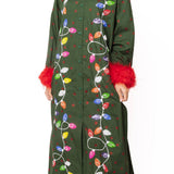 Dark Green Multi Christmas Lights Feather Trim Midi Dress | Queen Of Sparkles