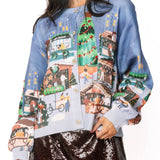 Dark Blue Multi Christmas Market Button Up Cardigan | Queen Of Sparkles