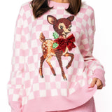 Pink & White Checkered Reindeer Sweater | Queen Of Sparkles