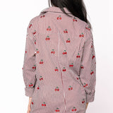 Striped Cotton Button Up Long Sleeve Jeweled Cherry Romper | Queen Of Sparkles