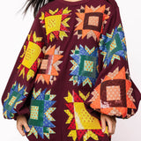 Maroon Mutli Patchwork Balloon Sleeve Dress | Queen Of Sparkles