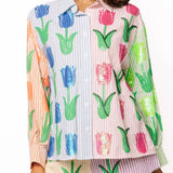 Striped Colorblock Sequin Tulip Button Up Cotton Long Sleeve Top | Queen Of Sparkles