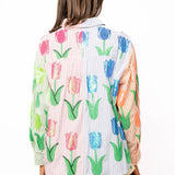 Striped Colorblock Sequin Tulip Button Up Cotton Long Sleeve Top | Queen Of Sparkles