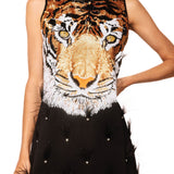 Black Sequin Tiger Face Rhinestone Feather Tank Dress | Queen Of Sparkles