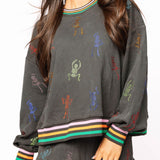 Charcoal Multi Skeleton Striped Trim Sweatshirt | Queen Of Sparkles