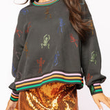 Charcoal Multi Skeleton Striped Trim Sweatshirt | Queen Of Sparkles