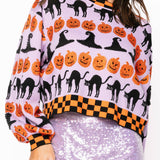 Lavender, Black & Orange Checker Trim Halloween Icon Sweater | Queen Of Sparkles