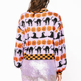 Lavender, Black & Orange Checker Trim Halloween Icon Sweater | Queen Of Sparkles