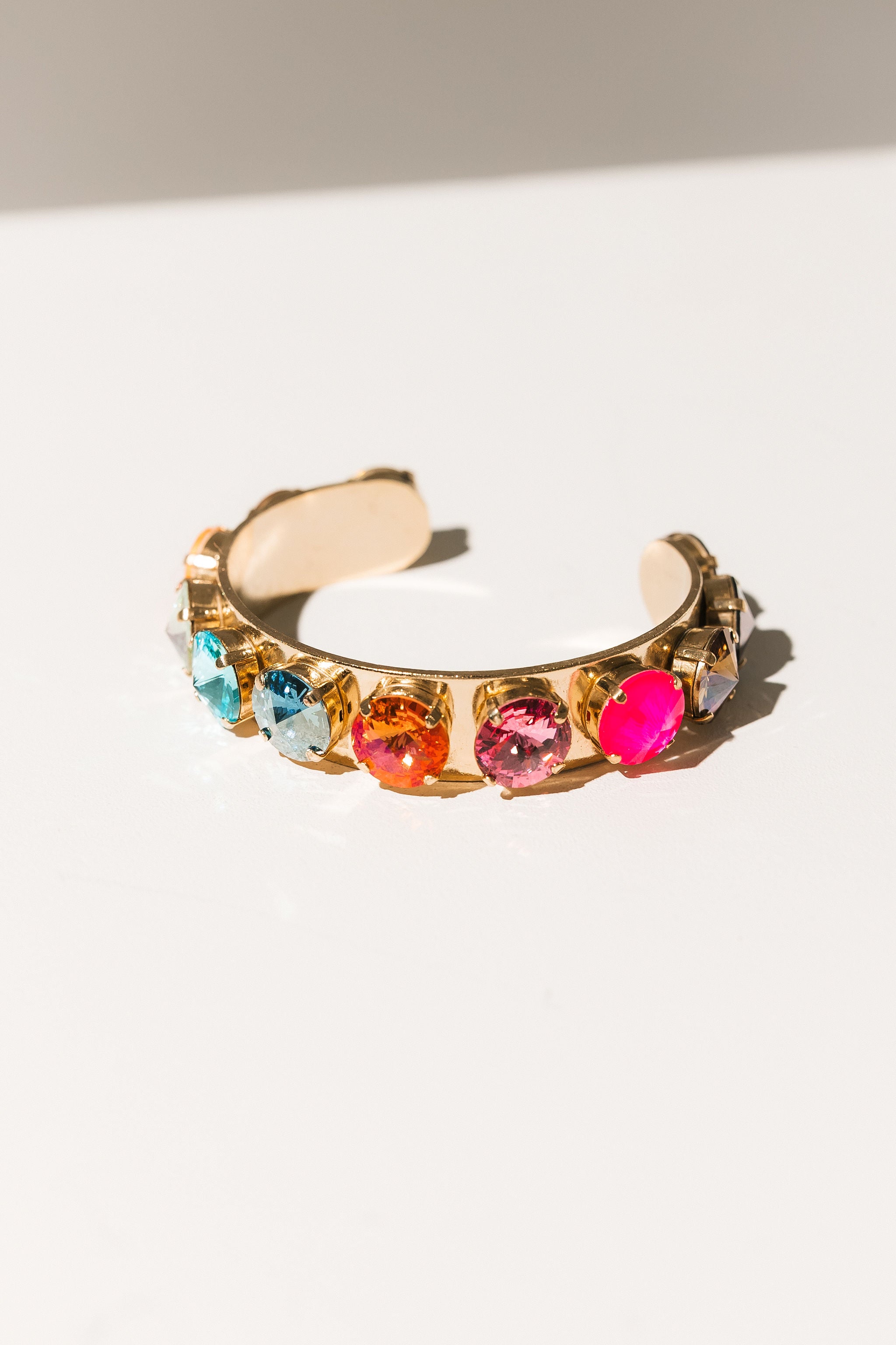 TOVA Keira Cuff in Watermelon Rainbow – detail view of pink and green crystal bracelet