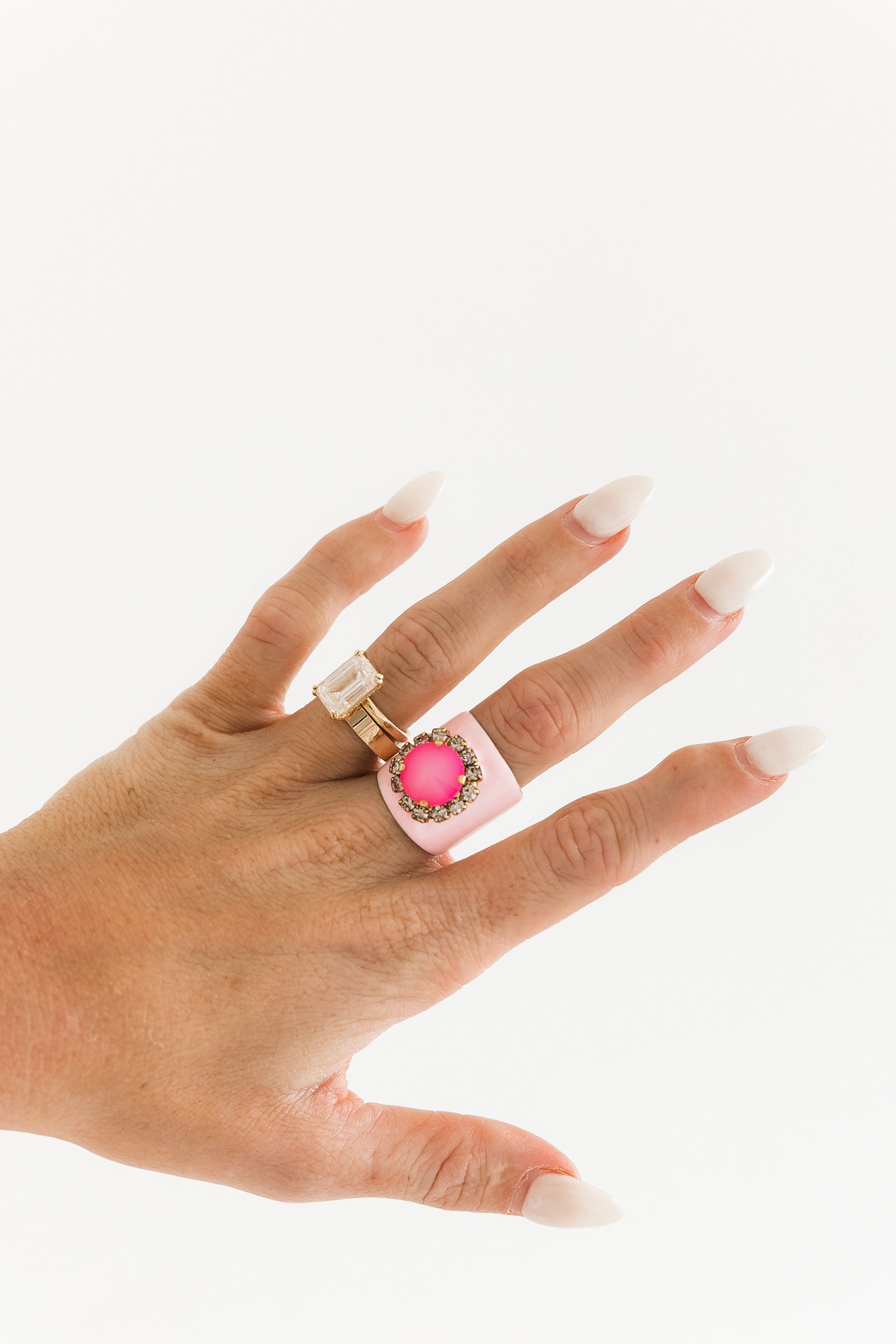 TOVA Jacci Ring in Enamel Fairy Dust Roselune worn on hand – rose enamel crystal ring from Lexi Jade's Boutique