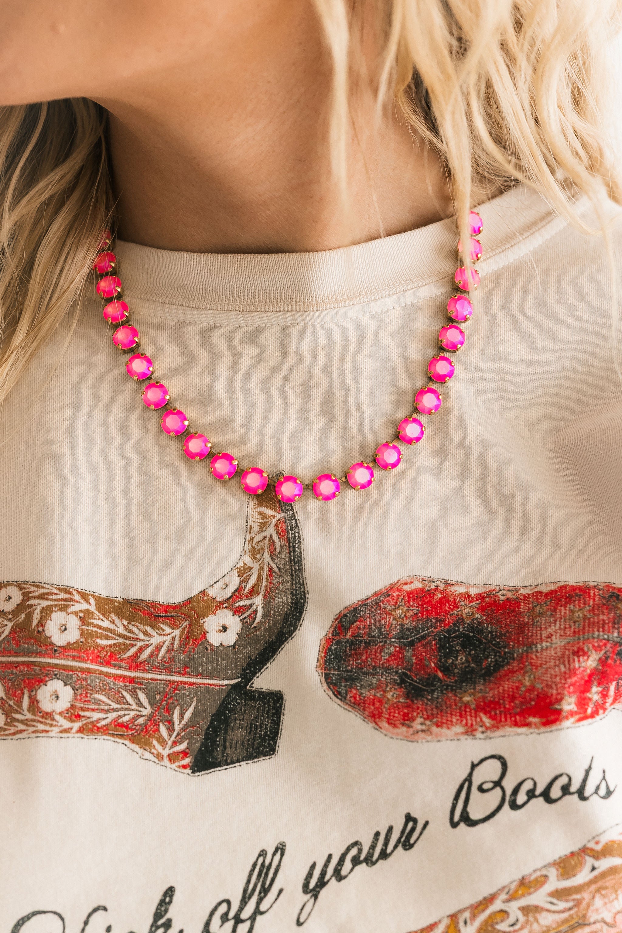 TOVA Oakland Necklace in Electric Pink Ignite Frost worn on model – vintage pink crystal necklace from Lexi Jade's Boutique