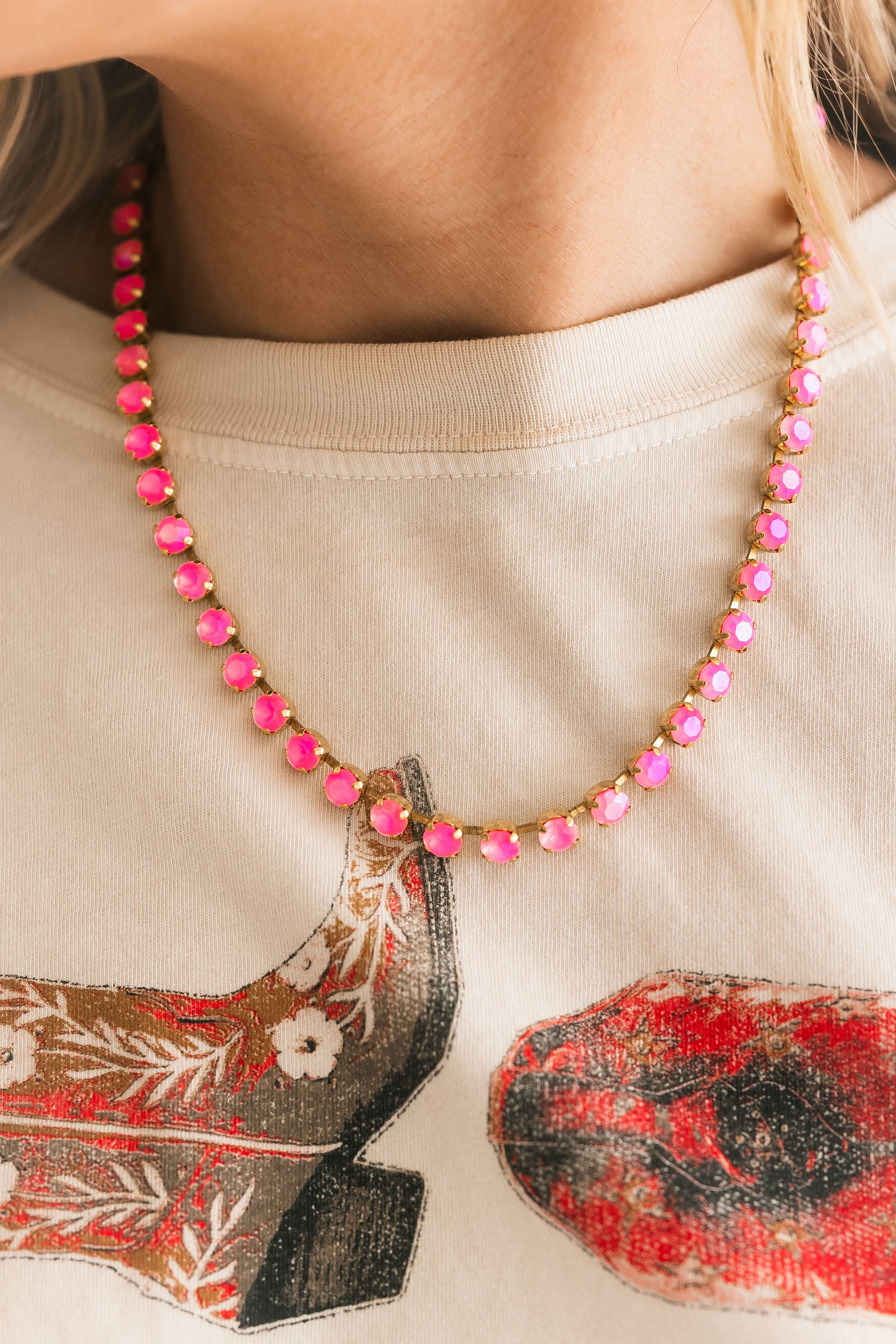TOVA Sarina Necklace in Electric Pink Ignite Frost worn on model – sparkling pink crystal necklace from Lexi Jade's Boutique