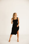 GOING OUT FITTED MIDI DRESS | BLACK